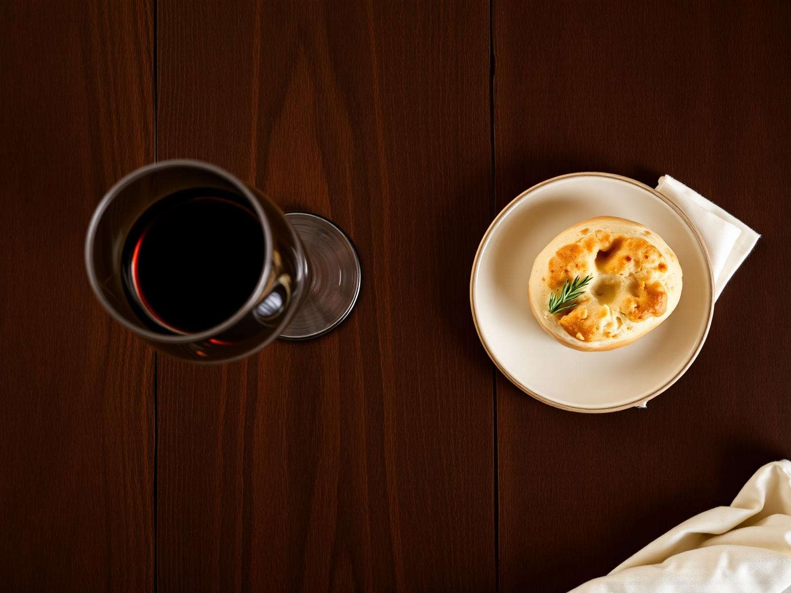 Tavolo apparecchiato con calice di vino rosso e pane caldo